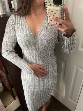Heather Gray Ribbed V-Neck Long Sleeve Sweater Dress